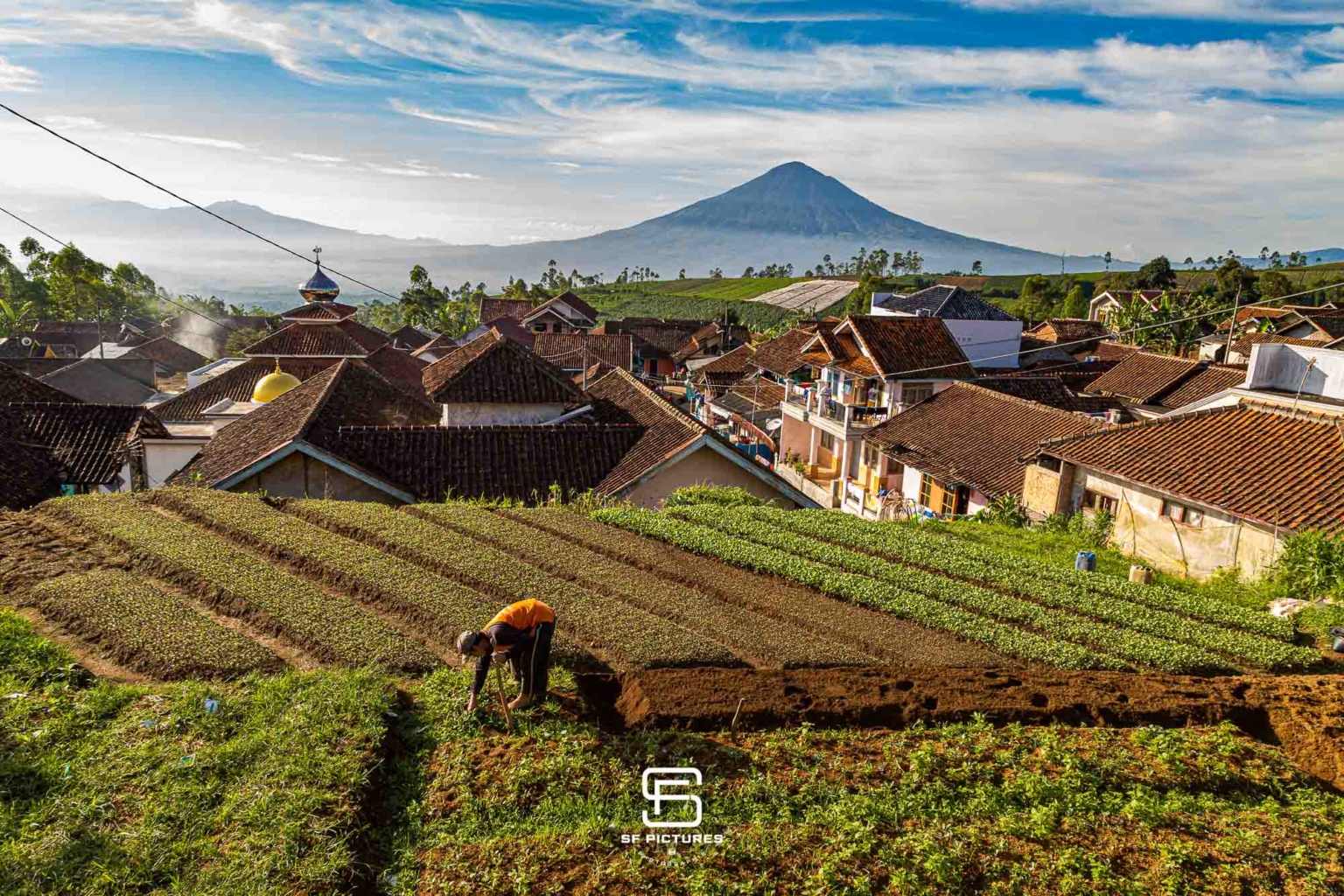 Paysan face au volcan Cikuray, Java, Indonésie